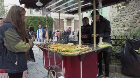 Seller of boiled corn and roasted chestnuts, Istanbul. Turkey Stock Footage 166418729