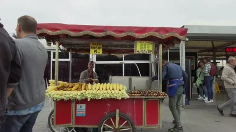 Seller of boiled corn and roasted chestnuts, Istanbul. Turkey Stock Footage 166445348