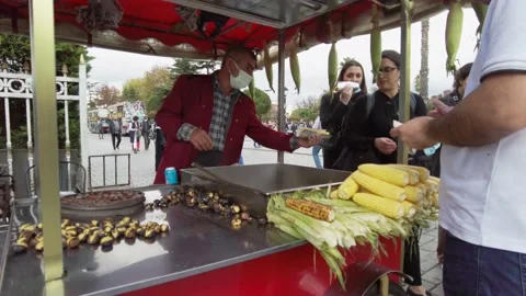 Seller of boiled corn and roasted chestnuts in Sultanahmet square, Istanbul. Stock Footage 166450822