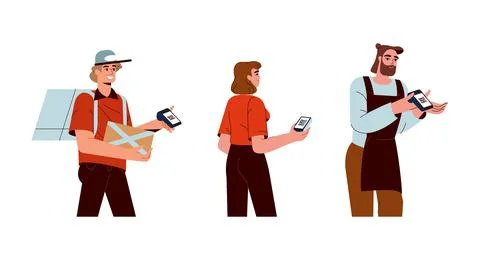 Sellers with pos terminal with QR code scanner Illustrazione stock