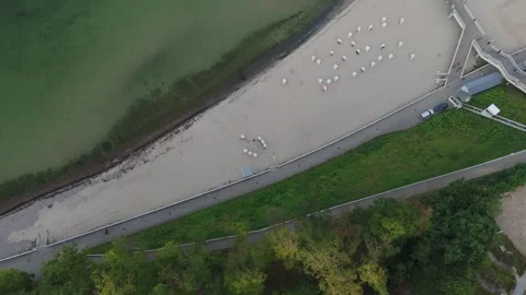 Sellin Pier and Sandy Baltic Beach Top Down Aerial View 스톡 동영상 346057166