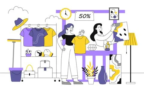 Selling clothes flea market vector line concept Illustrazione stock