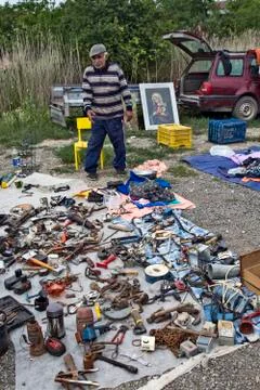 Selling everything and everything at the flea market Stock Photos