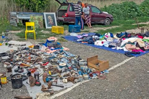 Selling everything and everything at the flea market Stock Photos