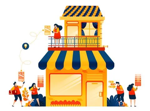 Selling online with e-commerce delivery service. Shophouse with apartment. Ve Illustrazione stock