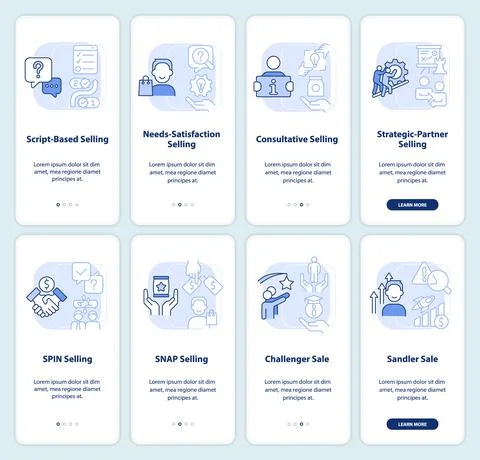 Selling principles light blue onboarding mobile app screen set Illustrazione stock
