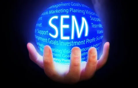 SEM globe in hand blue,concept background isolated black business Stock Illustration