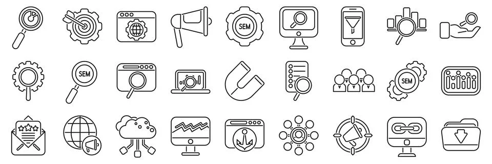 SEM icons set. Search engine marketing icons showing concepts of sem and seo Stock Illustration