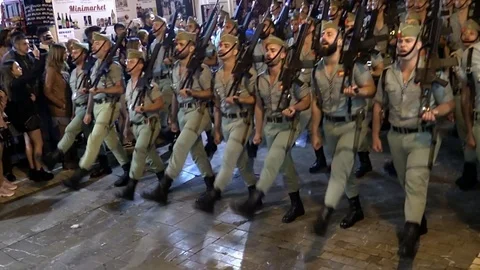 SEMANA SANTA LEGION MALAGA EASTER RELIGIOUS PARADE MILITAR Stock Footage 107448074