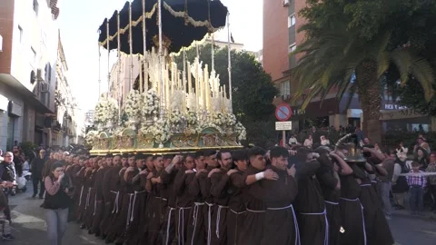Semana Santa Paso Turning Corner With Carriers in Malaga Stock Footage 336007637