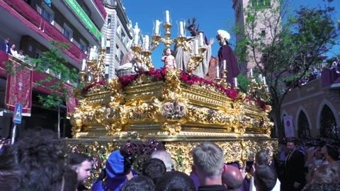 Semana Santa Paso Turning Corner During Procession in Seville Stock Footage 336025145