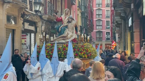 Semana Santa Procession with Religious Float in Bilbao Old Town Stock Footage 332154164