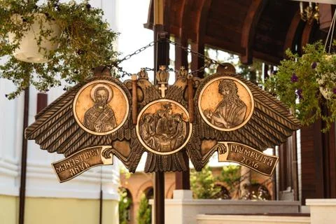 Semantron hanging at Plumbuita monastery in Bucharest, Romania. Religious car Stock Photos