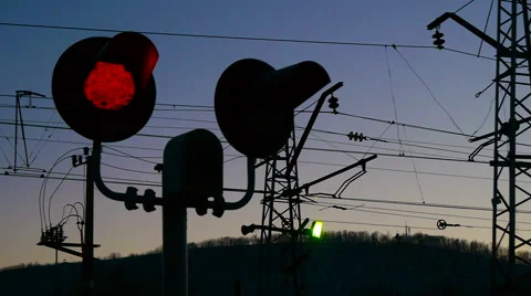 Semaphore or stoplight on railway station at dark sky Video stock 61302730
