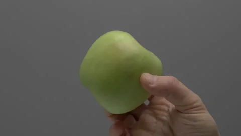 Semerenko's apple in hand on a gray background. Stockbeeldmateriaal 265757571