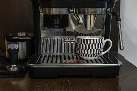 Semi-automatic modern coffee machine, piston coffee machine with milk froth.. Stock Photos