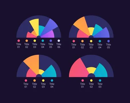 Semi circle pie infographic chart design template set for dark theme Stock Illustration