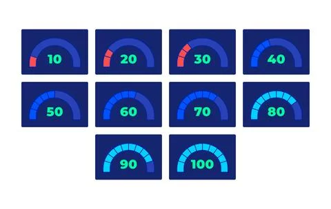 Semi circular gauge progress neon dashboard UI element set Illustrazione stock