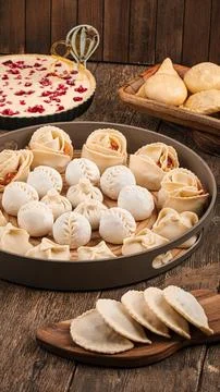 Semi finished manti dumplings set Stock Photos