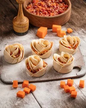 Semi-finished rose shaped manti dumplings Stock Photos