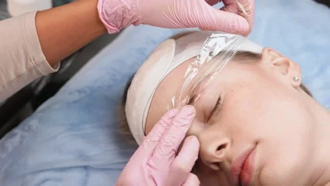 Semi-permanent makeup for eyebrows. Close-up. Microblading Stockbeeldmateriaal 149008410