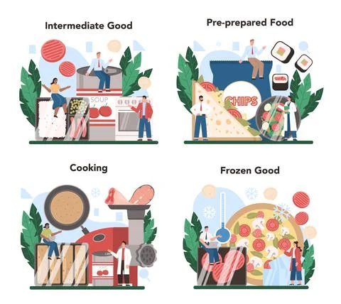 Semi-processed goods production set. Frozen intermidiate food or ingredients Stock Illustration