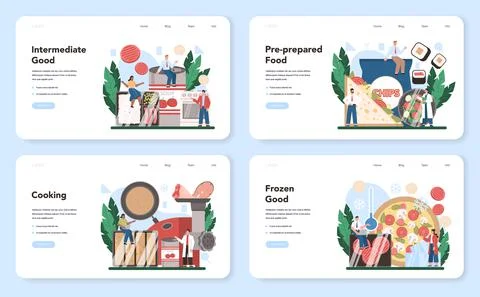 Semi-processed goods production web banner or landing page set. Stock Illustration