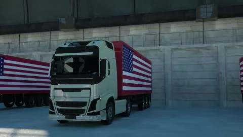 Semi-trailer trucks load or unload at warehouse bays with flag of the USA. 3d Stock Illustration