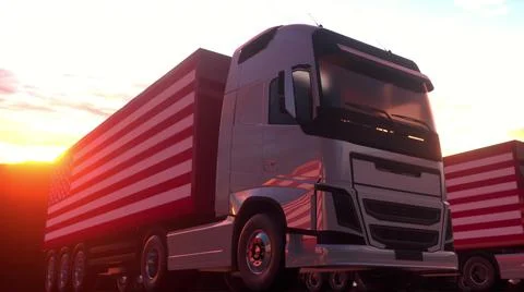 Semi-trailer trucks load or unload at warehouse bays with flag of the USA. Am Stock Illustration