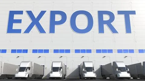 Semi-trailer trucks at warehouse loading dock with EXPORT text. 3D rendering Stock Illustration