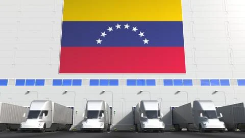 Semi-trailer trucks at warehouse loading dock with flag of VENEZUELA. Venezuelan Stock Illustration