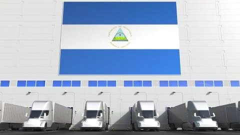 Semi-trailer trucks at warehouse loading dock with flag of NICARAGUA. Nicaraguan Stock Illustration
