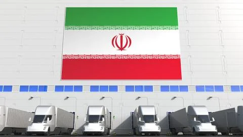 Semi-trailer trucks at warehouse loading dock with flag of IRAN. Iranian Stock Illustration