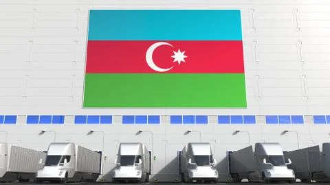 Semi-trailer trucks at warehouse loading dock with flag of AZERBAIJAN Stock Illustration