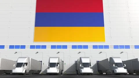 Semi-trailer trucks at warehouse loading dock with flag of ARMENIA. Armenian Stock Illustration