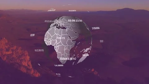 Semi-transparent 3D globe fading in, rotating, moving across dusk canyon, Stockbeeldmateriaal 333477588