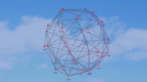 Semi-transparent 3D spherical network floating against blue sky, showing arrows Stock Footage 308677767