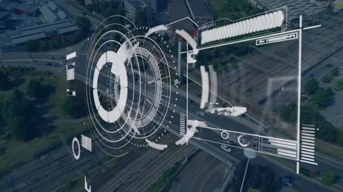 Semi-transparent circular HUD floating over highway roundabout, displaying data Stock Footage 329167292