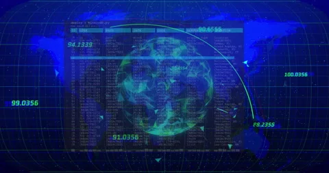 Semi-transparent panel displaying credential columns overlaying dark blue map Stock Footage 307463024