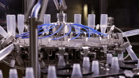 Semi-transparent plastic bottles moving through the production line. Video stock 250449872