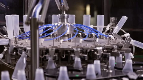 Semi-transparent plastic bottles moving through the production line. Video stock 250480803