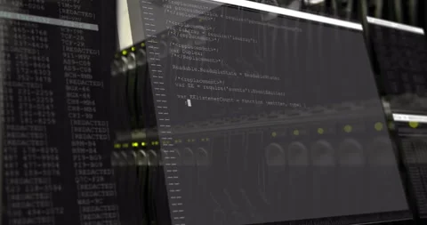 Semi-transparent terminal window floating over 3D rack hardware, showing code Stock Footage 309145486