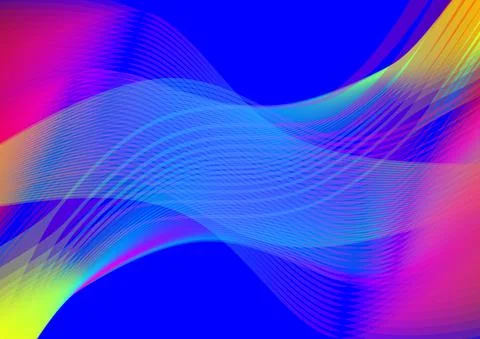Semi-transparent waves in psychedelic rainbow strips on a dark blue background Stock Illustration