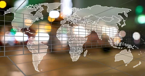Semi-transparent wireframe world map floating over perspective grid with glowing Video stock 309109424