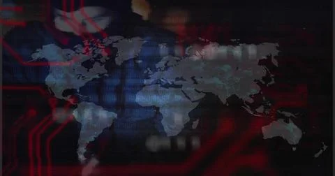 Semi-transparent world map pulsing on pixel grid dashboard, with bars, light Stock Illustration