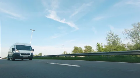 Semi trucks van cargo and parcel delivery driving on a highway Stockbeeldmateriaal 132667572