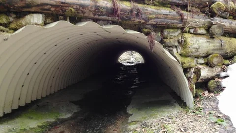 Semicircle culvert drainage from plastic pipe under dirt road in forest 库存影片 127284688
