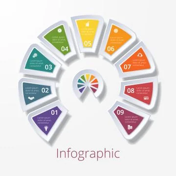 Semicircle diagram with nine multicolored elements Stock Illustration