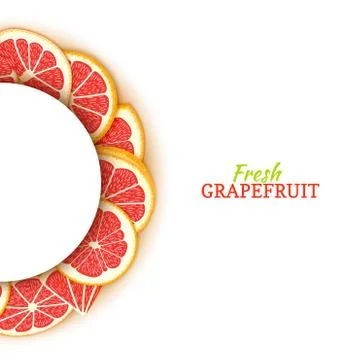 Semicircle white frame composed of delicious tropical red grapefruit Vector card Stock-Illustration