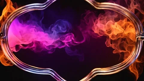 Semicircular metallic frame on dark black background, moving colorful flames. Stock Footage 273953099
